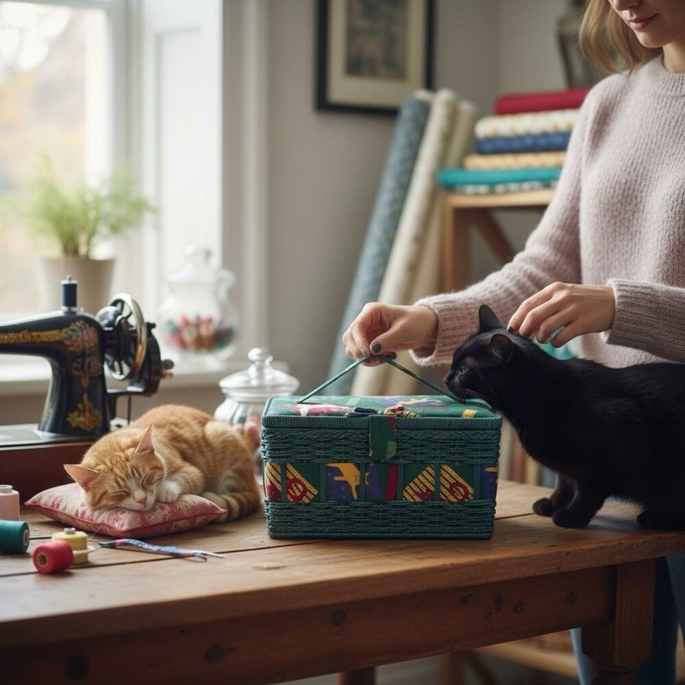 Vintage Dark Corded Weave Frame Whimisical Cat AOP Sewing Basket Retro